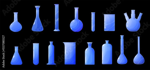 Fototapeta Vector illustration of empty laboratory glassware including flasks, bottles, beakers, and test tubes. Clean, minimal look — ideal for chemistry, science education, UI elements, or medical projects.