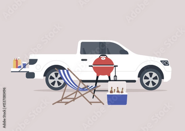Obraz A tailgate party is set up with a grill, beverages, and cool seating gear in an inviting outdoor space, perfect for friends to enjoy some leisure and delicious food