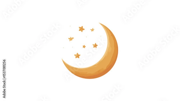 Fototapeta A digital illustration depicting a stylized crescent moon in shades of yellow and orange. Several small, similarly colored stars are positioned above and around the moon. The style is simple and