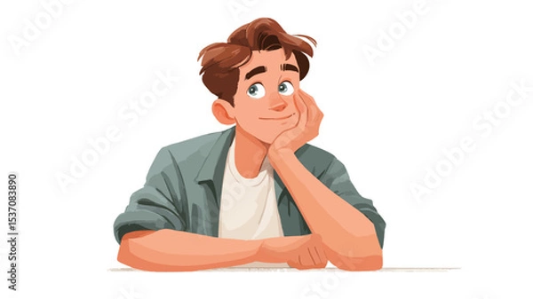 Fototapeta A digital illustration depicting a young man with brown hair, wearing a gray shirt over a white t-shirt. He is shown from the chest up, with his elbows resting on a surface and his hand supporting