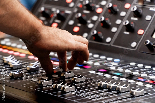 Fototapeta Close up of sound technician moving faders of the soundboard during a summer music festival