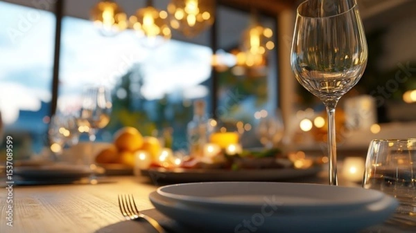 Fototapeta Family dines in minimalist space while robotic assistant loads dishwasher, warm scene with Caucasian adults, pendant lights, and elegant tableware