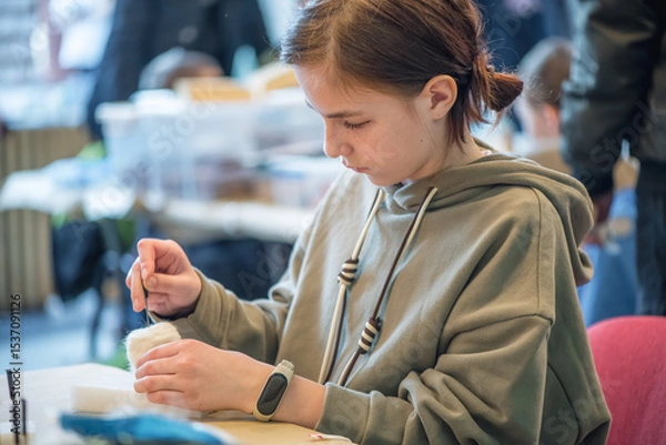 Fototapeta Concentrated student using needle felting technique creating handmade product during a workshop, developing her creativity and fine motor skills