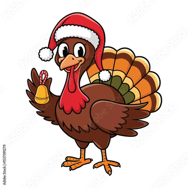 Obraz A cheerful cartoon turkey wearing a Santa hat and holding a jingle bell in one wing. The turkey has a big smile, bright eyes, and colorful tail feathers with shades of brown and orange.