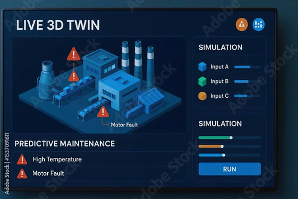 Fototapeta Live 3D twin, predictive maintenance, high temperature motor, fault simulation, input industrial, monitoring alert digital.