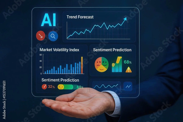 Fototapeta AI trend forecast, market volatility, sentiment prediction, data analysis, business technology, finance graph chart, AI trend forecast market, volatility sentiment prediction and data analysis.