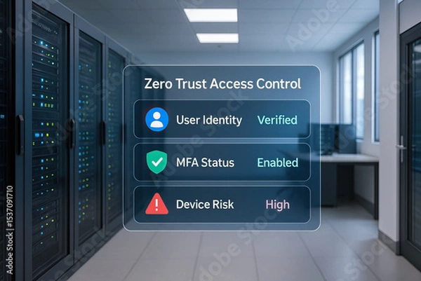 Fototapeta User identity verified, multi factor authentication enabled, and high device risk alert displayed in modern data center with secure server racks and bright lighting
