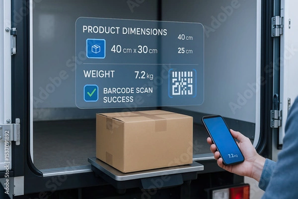 Fototapeta Cardboard box, barcode product dimension weight, delivery shipping, logistics and technology are shown in modern delivery truck with person using smartphone for tracking and scanning.