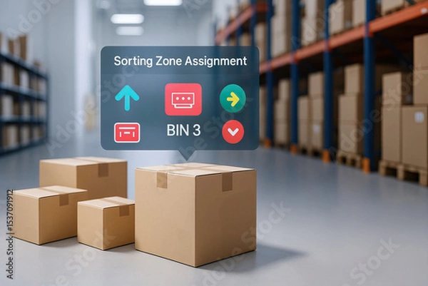 Fototapeta Cardboard box, warehouse logistics, storage shipping, packaging inventory, distribution delivery, supply chain are shown modern warehouse with digital sorting zone assignment display conveying.
