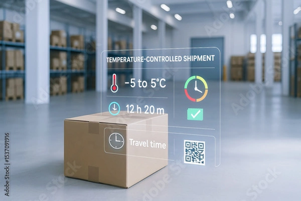 Fototapeta Temperature controlled shipment, cardboard box, warehouse logistics, storage cold chain packaging, delivery supply chain, distribution, Cardboard box warehouse with temperature controlled shipment.