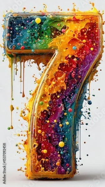 Fototapeta Colorful number seven made of vibrant splashes and droplets displayed against a light background