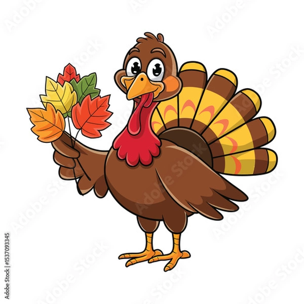 Obraz A cheerful cartoon turkey standing upright, holding a cluster of colorful autumn leaves in one wing.