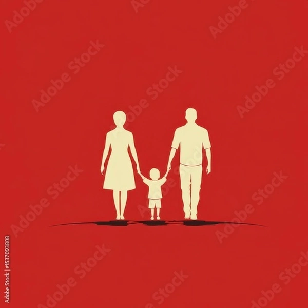 Fototapeta Family standing together against a vibrant red background, symbolizing unity and love in a minimalist design