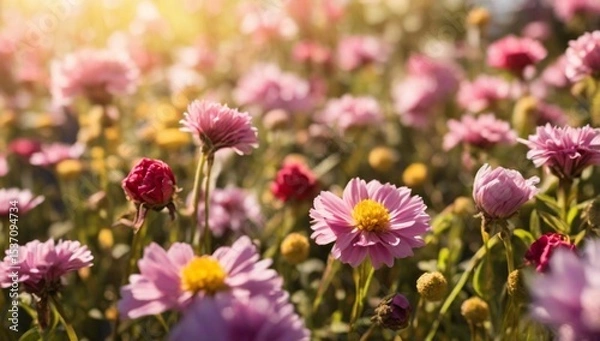Fototapeta Flower field in sunlight, spring or summer garden background in closeup macro view or flowers meadow field in morning light