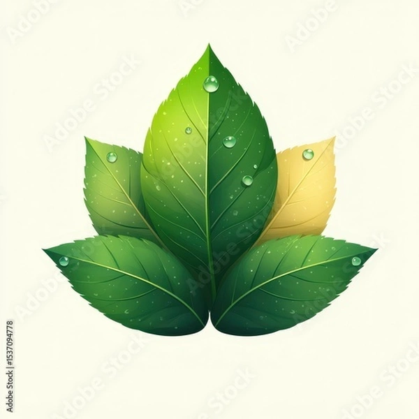 Fototapeta Fresh green leaves with water droplets creating a natural and vibrant design against a light background