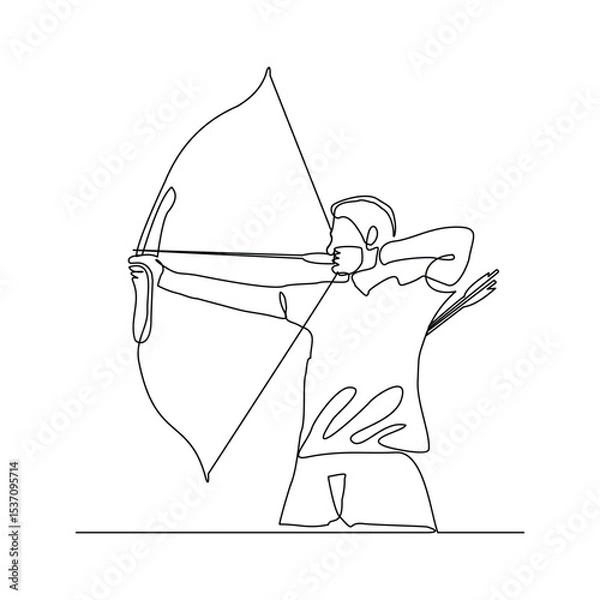 Fototapeta Continuous line drawing of male archery sport athlete or hunter holding archer arrow. Editable stroke sketch art vector illustration
