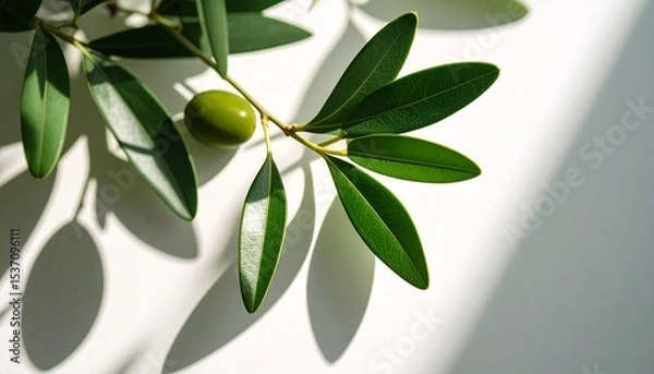Obraz Fresh Green Olive Branch With Leaves and Fruit Resting on Light Surface in a Sunlit Setting