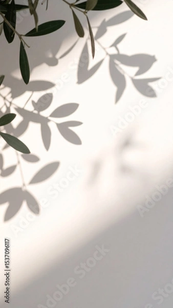 Obraz Shadows of Green Leaves Cast on a White Wall Creating a Serene and Calming Atmosphere on a Sunny Day