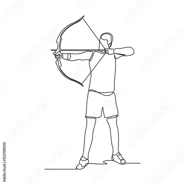 Fototapeta Continuous line drawing of male archery sport athlete or hunter holding archer arrow. Editable stroke sketch art vector illustration