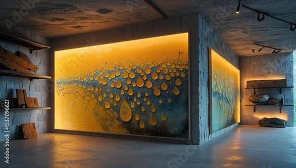 Fototapeta Interior design with modern artwork and concrete walls featuring droplet abstractions