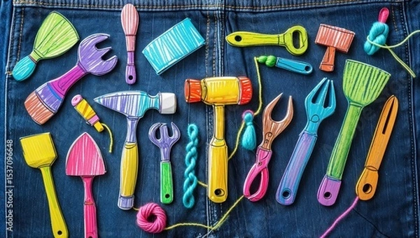 Fototapeta Colorful Craft Tools and Yarn on Denim: A Whimsical Flat Lay for DIY and Creativity