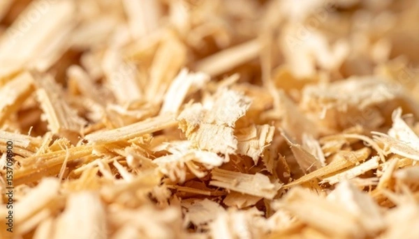 Obraz Close-up View of Wood Shavings Scattered on the Surface in a Workshop Setting During Daylight Hours
