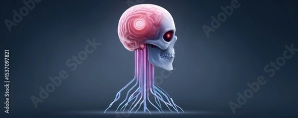 Fototapeta A digital illustration of a human skull with a visible brain and neural-like roots extending downward, symbolizing the connection between mind and body.