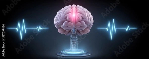 Fototapeta A digital illustration of a human brain with a glowing center, surrounded by heartbeat lines, symbolizing brain activity and neurological health.
