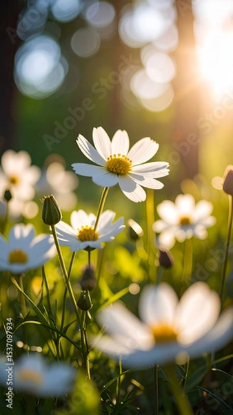 Obraz Daisies Bloom in Sunlight With a Soft Focus on Delicate Petals in a Tranquil Garden Setting During Springtime