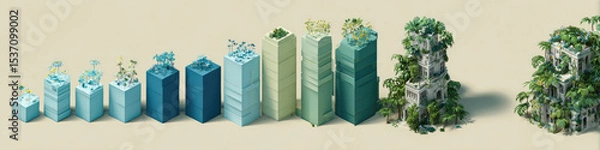 Fototapeta Eco-Growth Visualization: 3D Vertical Bar Graph with Blue Columns Representing Sustainable Progress. Abstract Commercial Background Featuring Floral Elements and Verdant Towers Symbolizing Environment