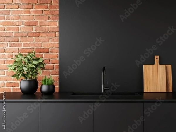 Fototapeta Urban loft kitchen with black countertops and vintage brick wall, modern industrial style