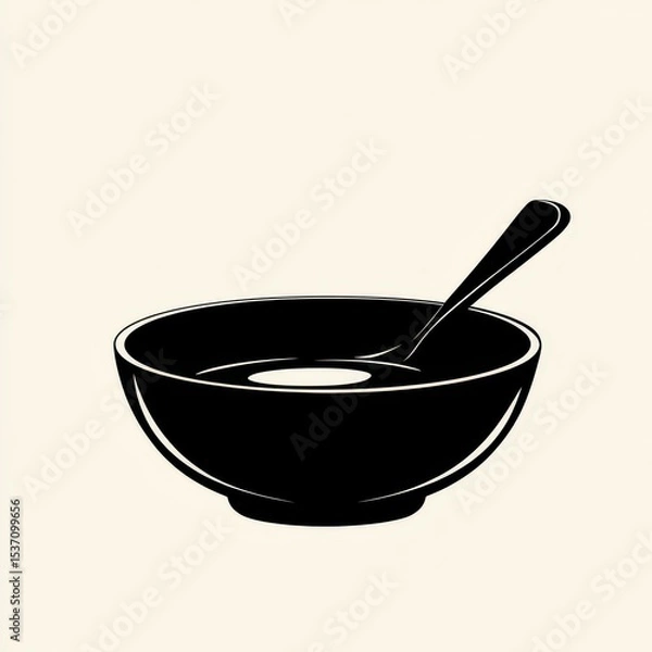 Fototapeta Simple black bowl with spoon on neutral background for culinary or dining themes