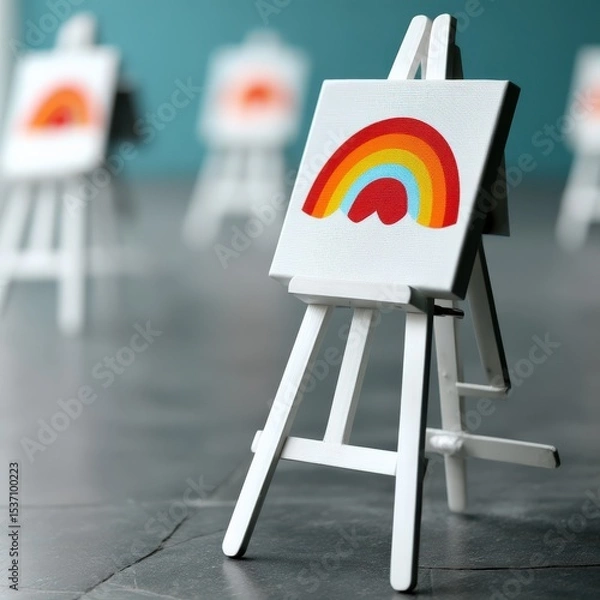 Fototapeta kids art craft and collage concept. Easel with a colorful rainbow painting in an artistic setting.