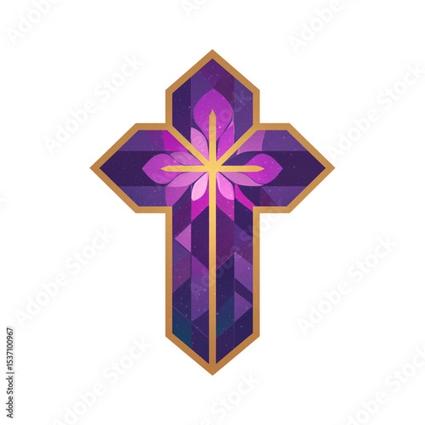 Fototapeta stained glass christian cross window - illustration with purple and gold tones on transparent background, ideal for church print materials, religious websites, or spiritual design projects
