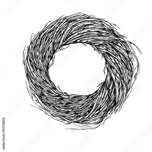 Fototapeta Monochrome vector wreath of dried birch branches in Scandinavian style. Natural rustic element for Nordic Christmas decor, holiday packaging, and rustic winter wedding invitations