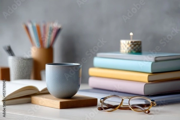 Obraz Desk scene mug books glasses candle pencils Calm bright studylike