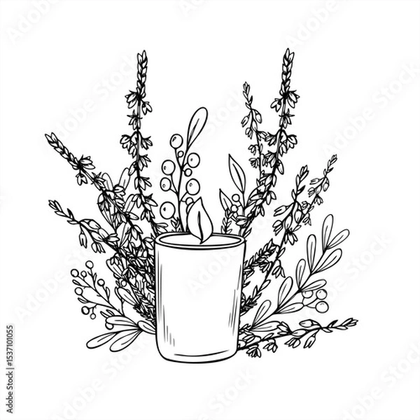 Fototapeta Burning candle in glass jar and heather, boxwood branches monochrome vector illustration. Etching drawing of holiday composition for festive design, wellness branding, nature packaging