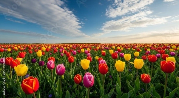 Fototapeta colorful meadow filled with tulips and blue sky