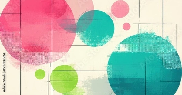 Fototapeta Abstract circles overlap, creating textured visual. Pink, teal, green hues dominate neutral background. Minimalist design, geometric shapes present.