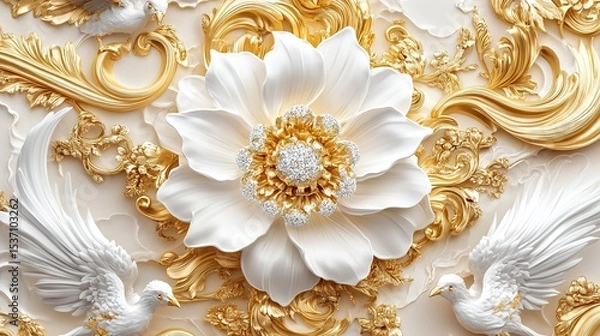 Obraz Opulent Floral Splendor: Exquisite White & Gold Patterns with Intricate Details – A Masterpiece of Ornate Design and Elegant Motifs