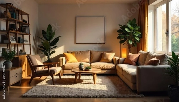 Fototapeta A cozy living room scene featuring a plush rug, warm lighting, and comfortable furniture, suggesting a relaxed and inviting atmosphere perfect for unwinding after a long day , pillows, warm