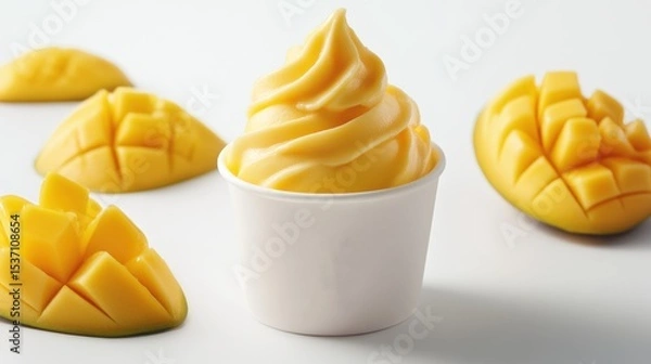 Fototapeta Mango-flavored soft serve ice cream in a cup, surrounded by fresh mango pieces