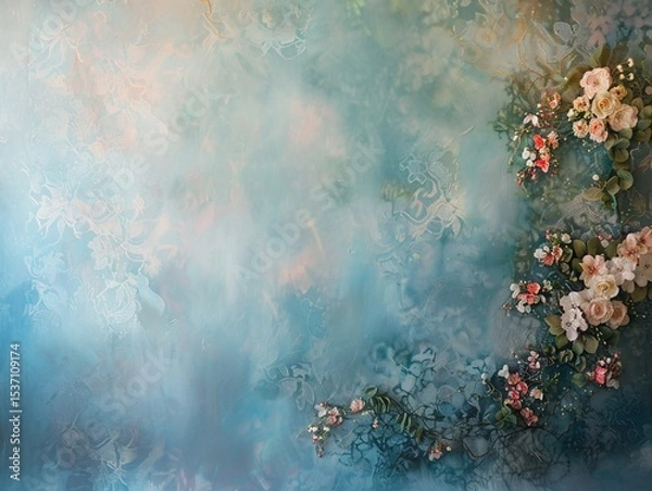 Obraz Pastel blue backdrop adorned with delicate floral arrangements