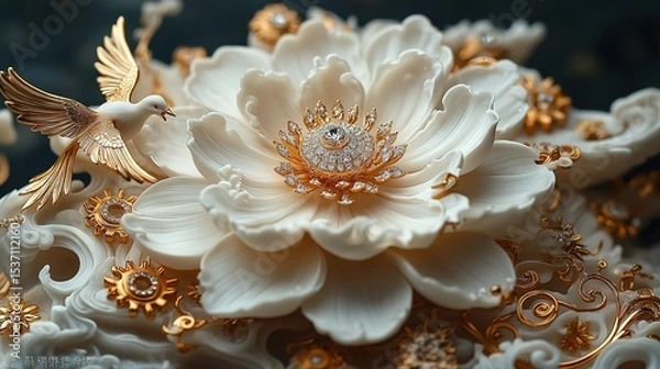 Fototapeta Opulent Floral Splendor: Exquisite White & Gold Patterns with Intricate Details – A Masterpiece of Ornate Design and Elegant Motifs