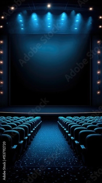 Fototapeta Futuristic Open-Stage Theater: Dynamic Blue-lit Arena with Massive Black Screen. Innovative Event Space for Tech Conferences, Product Launches, and Cinematic Experiences. Energetic Atmosphere Ready fo
