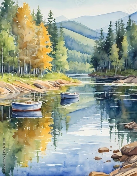 Fototapeta Gentle waves lap against the rocky shoreline as three small boats float peacefully in emerald waters, surrounded by golden and green trees under a clear sky Generative AI