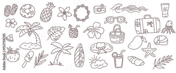 Obraz A brown and white drawing of beach items with a summer theme. The drawing includes a variety of food items such as coconut trees, surfboards, drinks, fruits, leaves, and waves.