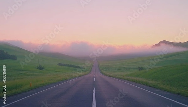 Fototapeta Empty road stretching into a hazy sunrise over rolling hills