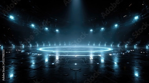 Fototapeta Futuristic Cyberpunk Exhibition Stage: Illuminated Circular Platform in Dark Blue-lit Tech Environment. Mysterious High-tech Backdrop for Product Launches, Automotive Showcases, and Cutting-edge Prese