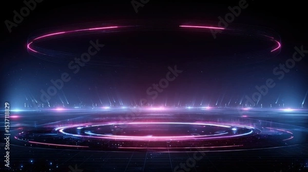 Fototapeta Futuristic Cyberpunk Exhibition Stage: Illuminated Circular Platform in Dark Blue-lit Tech Environment. Mysterious High-tech Backdrop for Product Launches, Automotive Showcases, and Cutting-edge Prese